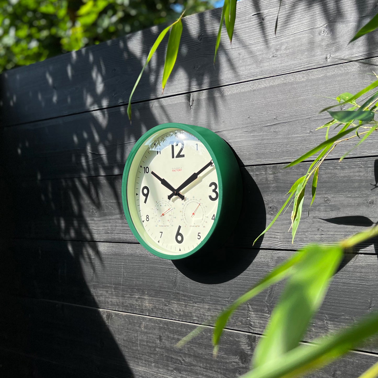 Factory Outdoor Green - Diameter 11.81 - Wall Clock - Weather-Ready Station with Hygrometer & Temperature