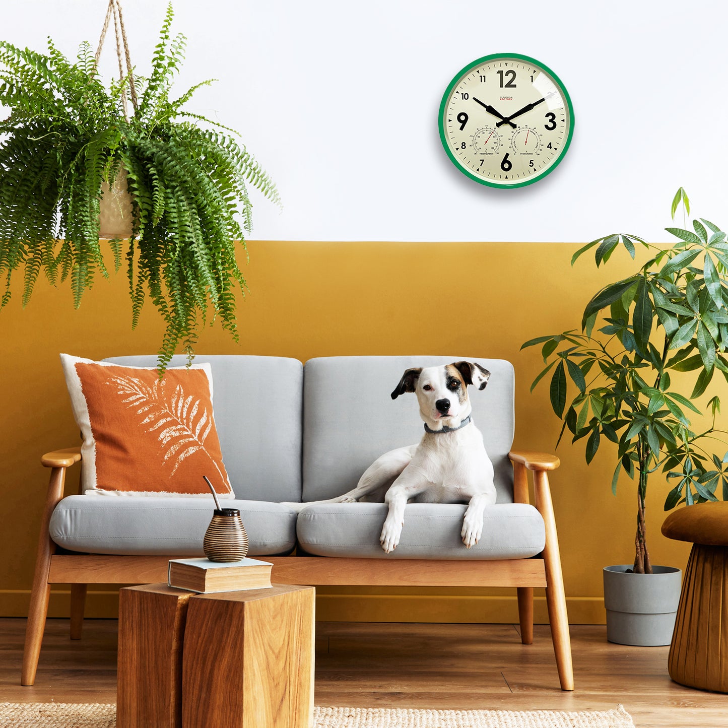 Factory Outdoor Green Wall Clock - Weather-Ready Station with Barometer & Temperature