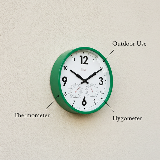 Green wall clock with temperature and humidity indicators on a beige background