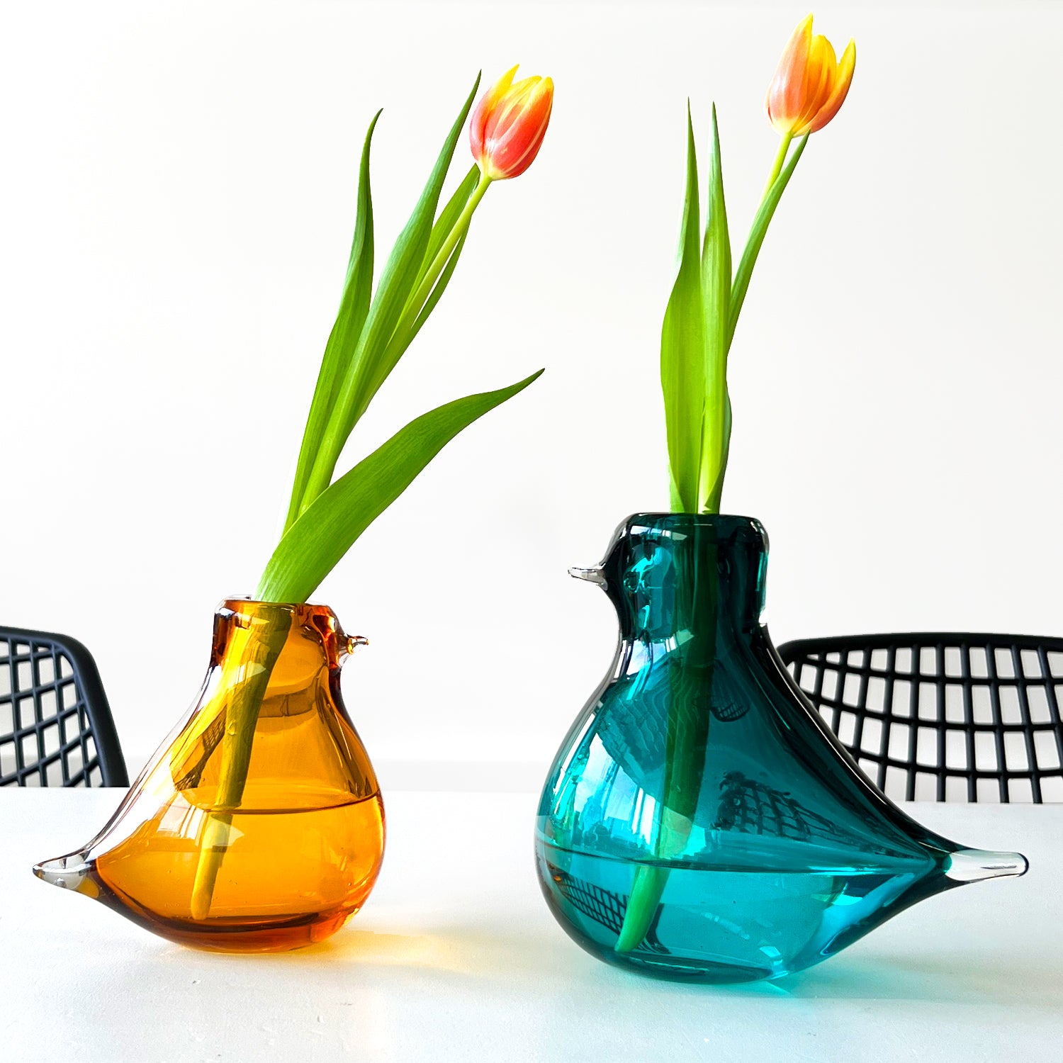 Bird Vases: Unique Glass Art in Amber Yellow & Turquoise | Cloudnola