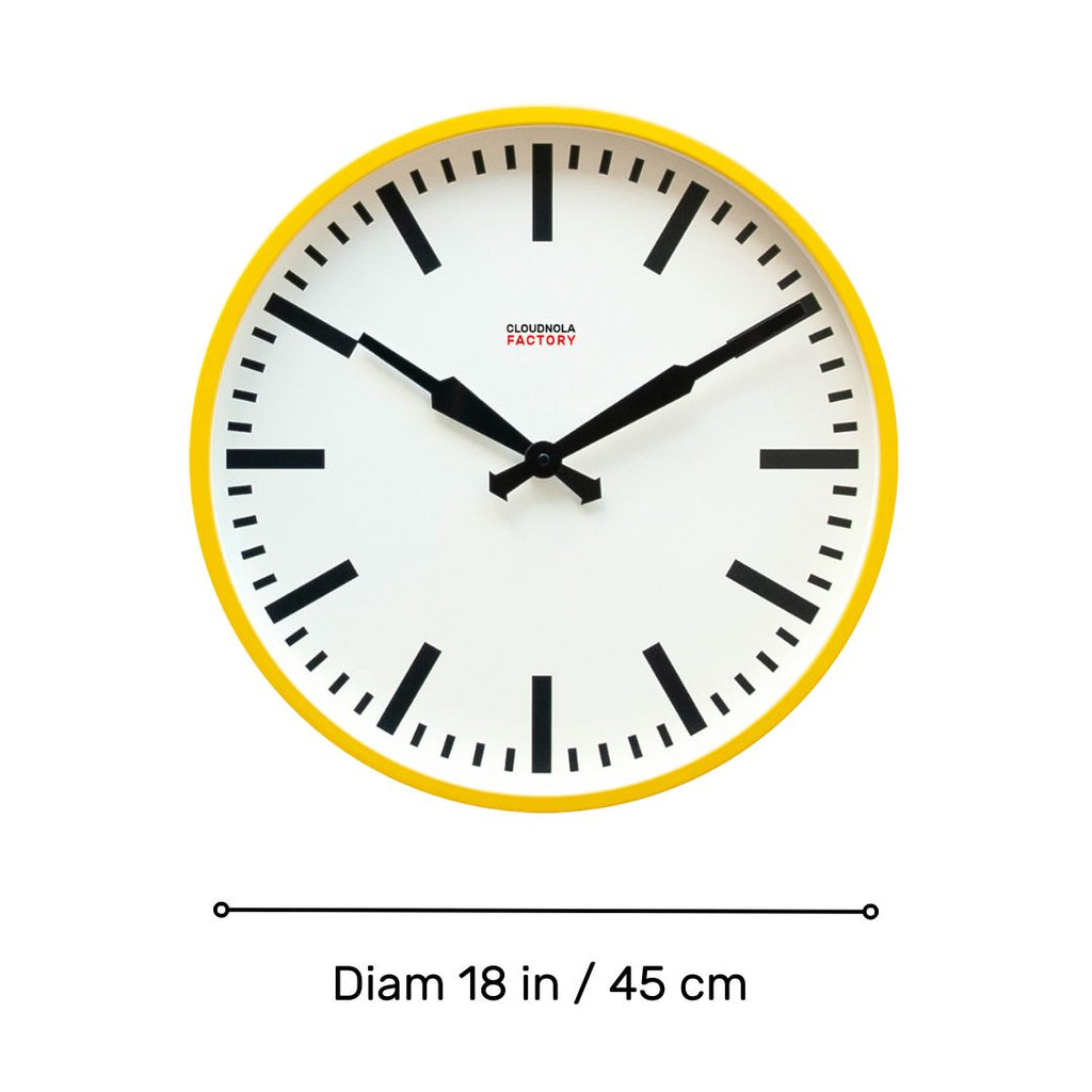 Factory Yellow XL Clock with bold black markers and hands, minimalist Dutch design, Functional Design for modern home decor.