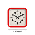 Big Railway Red Square Kitchen Wall Clock with red frame and bold black numbers, Dutch Design, Functional Design for modern kitchens