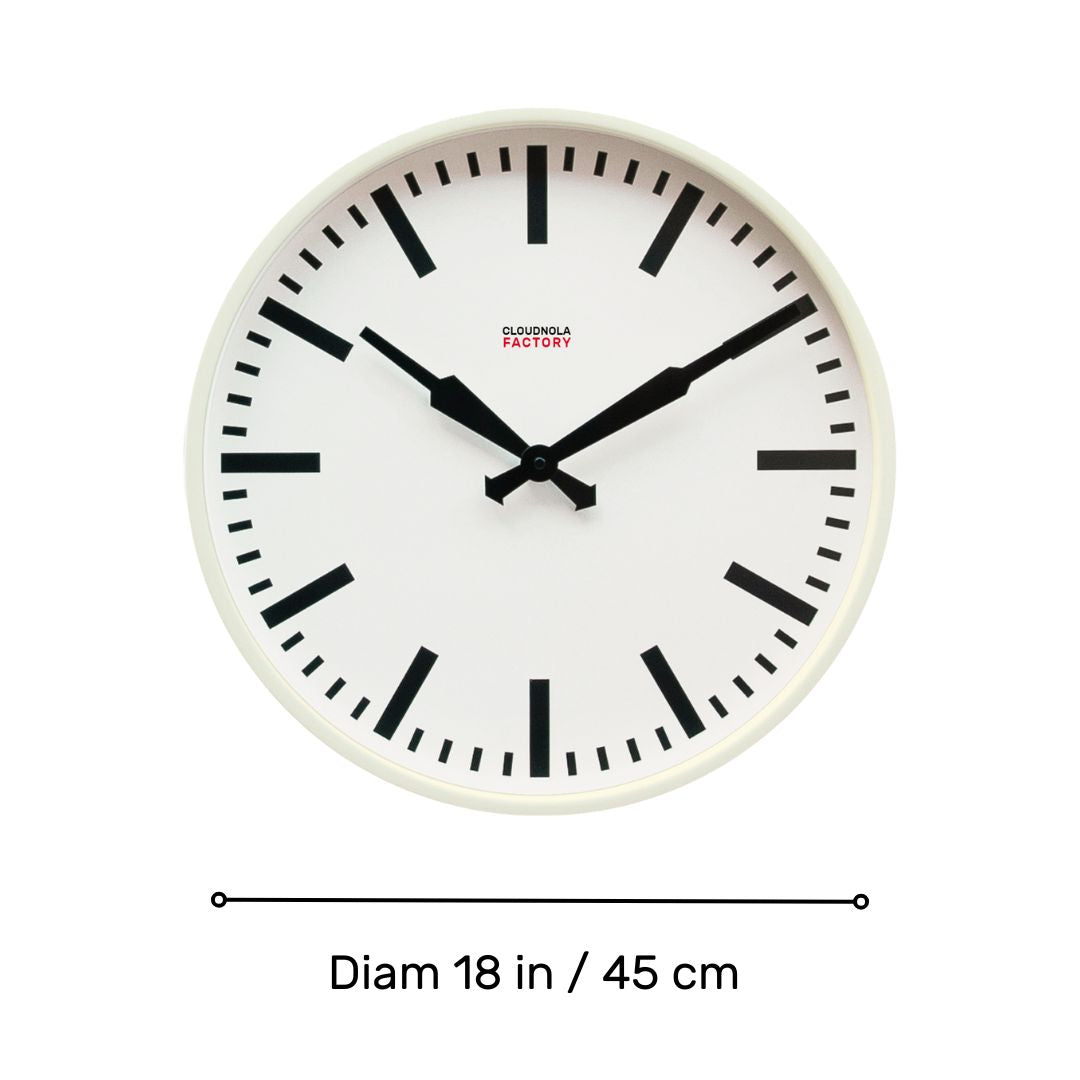 Factory White XL Clock with minimalist black hands and markers, Dutch Design, Functional Design for modern wall clocks.