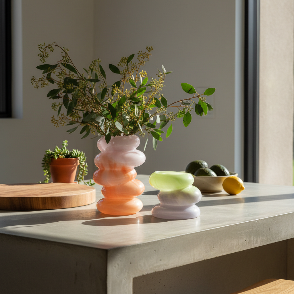 Colorful vase with a plant on a table next to a bowl of fruit