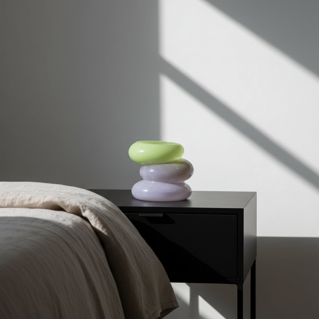 Swirl Glass Vase Set – Peach & Lime stacked sculptural glass vases in soft natural light Dutch Design Functional Design