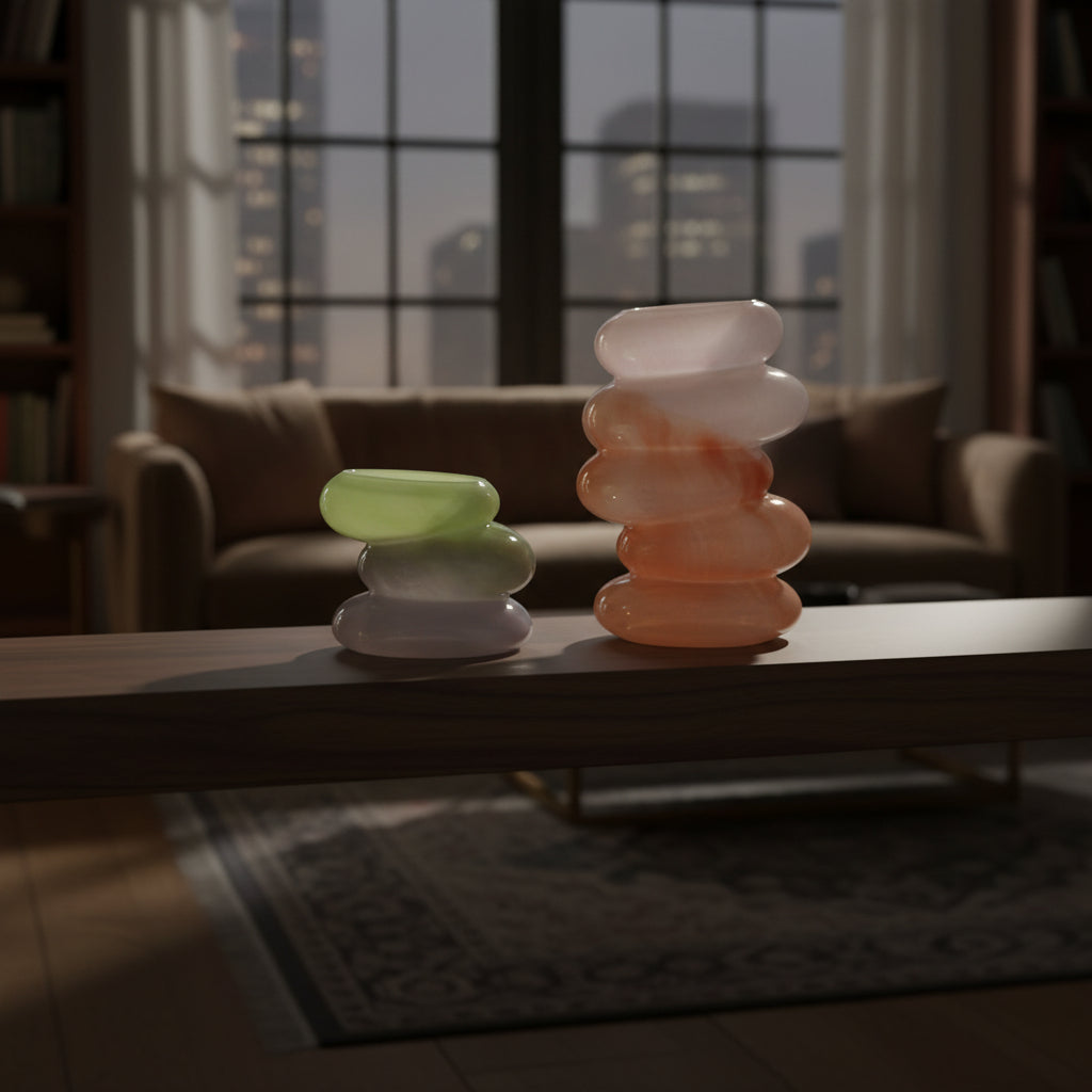 Swirl Glass Vase Set – Peach & Lime with sculptural handblown glass design in a minimalist living room, Dutch Design functional style.