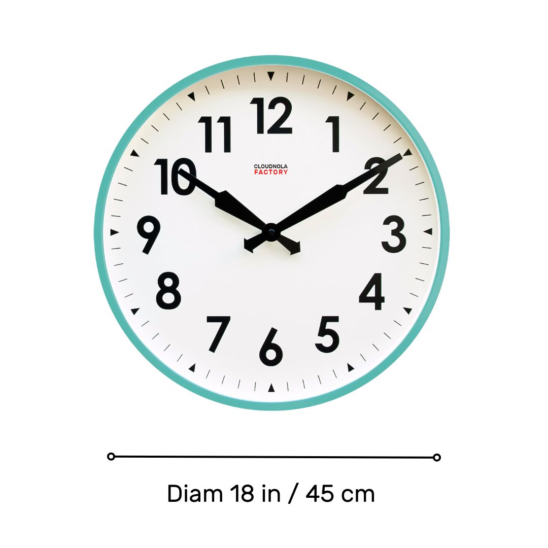 Factory Turquoise XL Clock with turquoise frame, bold black numbers, and Dutch Design for functional design and modern clocks.