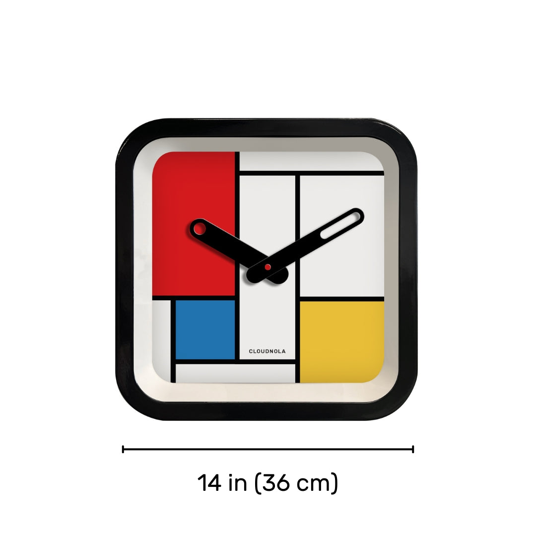Mondrian Square Kitchen Wall Clock featuring Dutch Design with a bold red, blue, yellow, and white modern clock face and functional design.