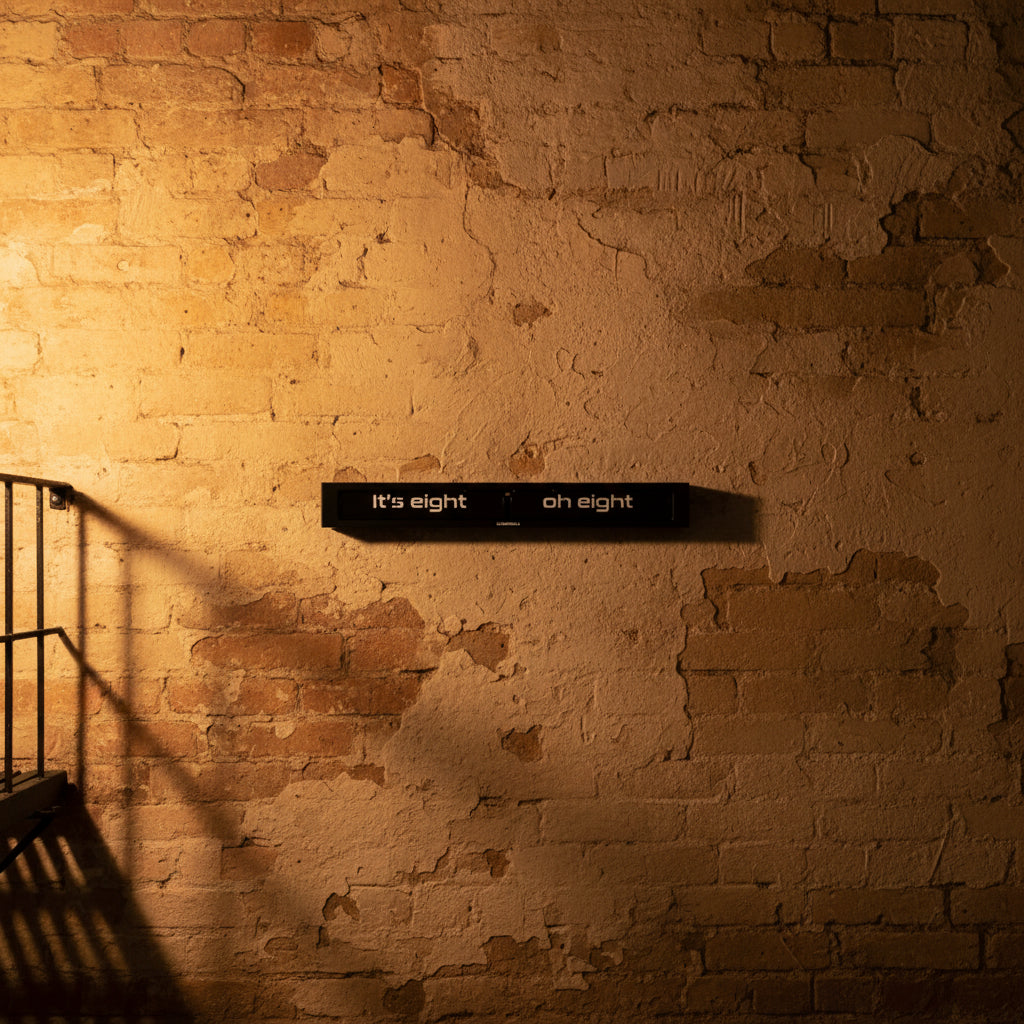 Preorder - Texttime 2.0 BonB Text Flip Clock with Dutch Design and Functional Design in warm ambient lighting on a brick wall