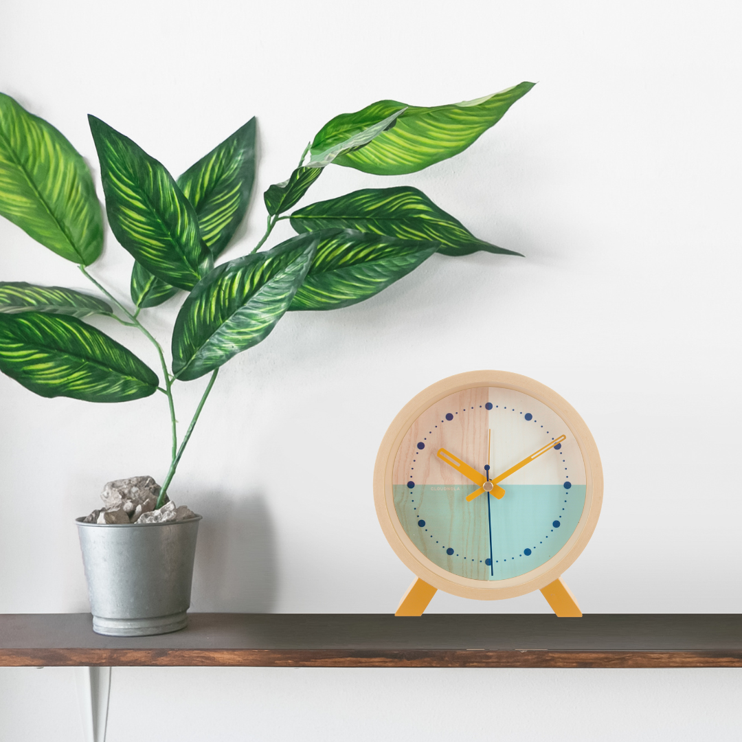 Flor Turquoise Natural Wood - Desk Alarm Clock - Silent - Screen Printed