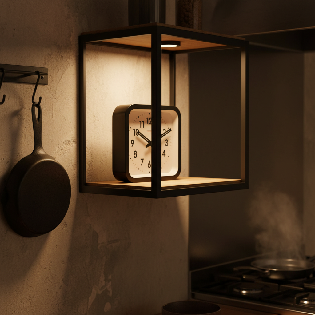 Big Railway Black Square Kitchen Wall Clock displayed in minimalist kitchen with Dutch Design and Functional Design elements.