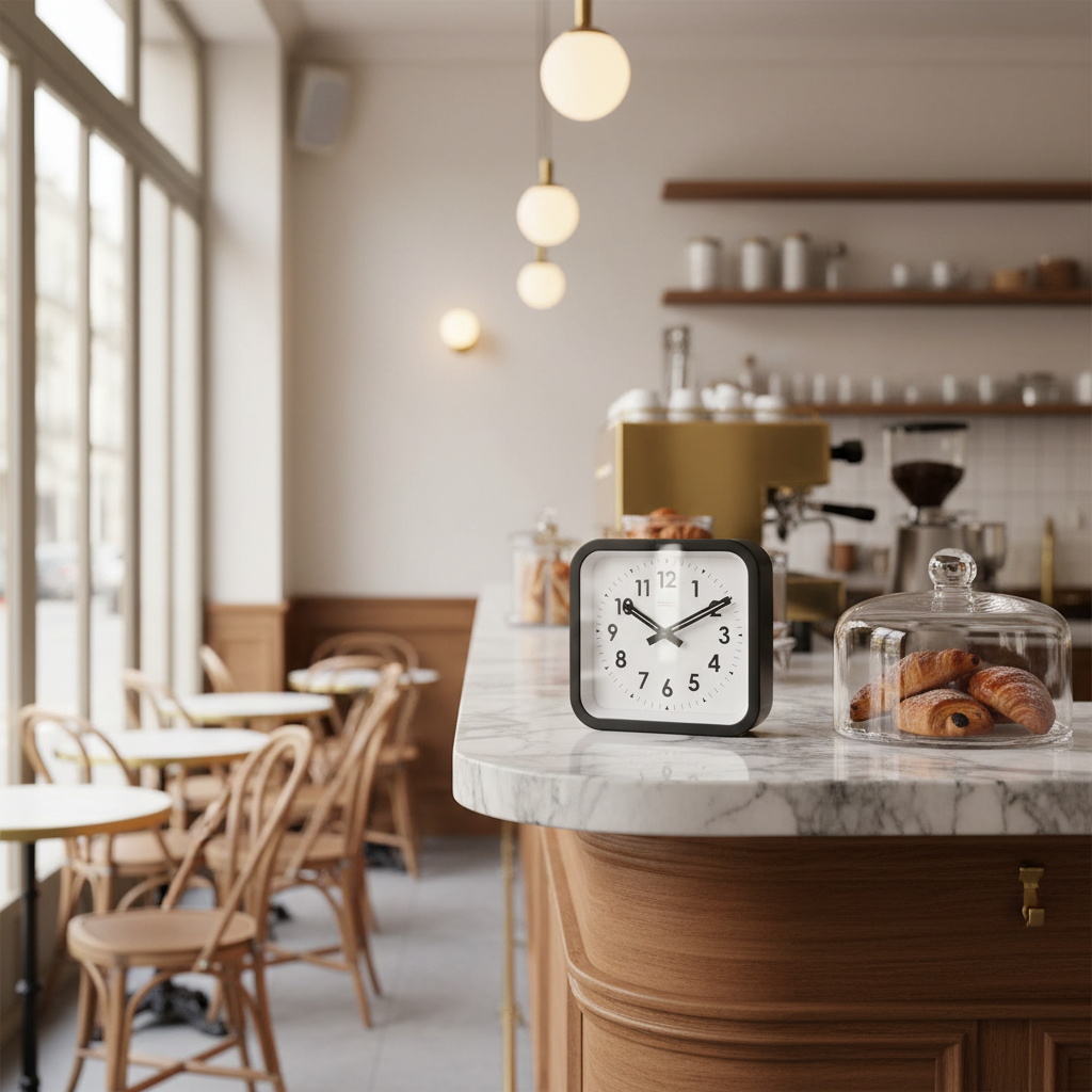 Big Railway Black Square Kitchen Wall Clock on marble counter in cozy cafe interior with Dutch Design and Functional Design style.