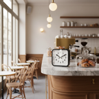 Big Railway Black Square Kitchen Wall Clock on marble counter in cozy cafe interior with Dutch Design and Functional Design style.