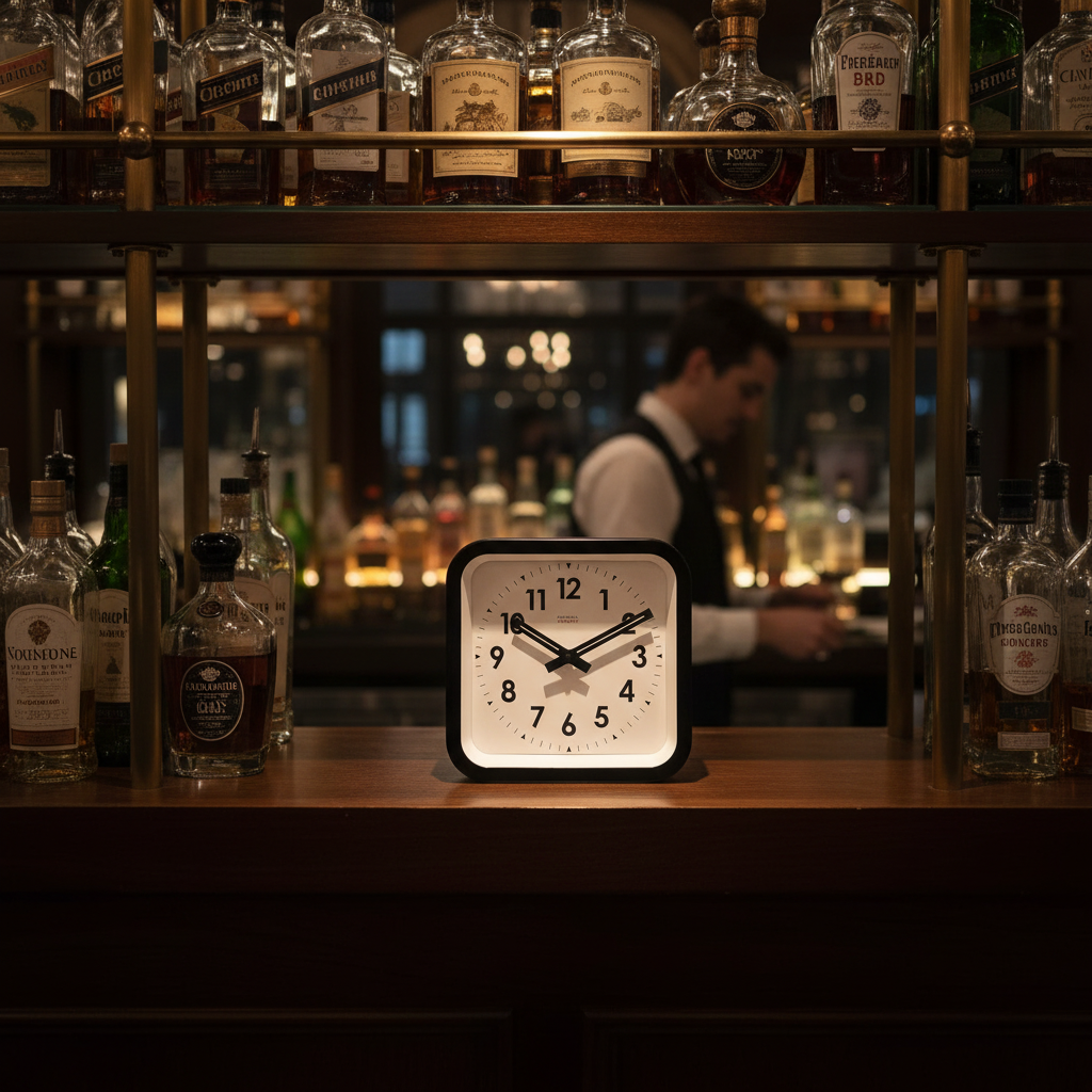 Big Railway Black Square Kitchen Wall Clock Dutch Design with functional design in a cozy bar setting on wooden counter