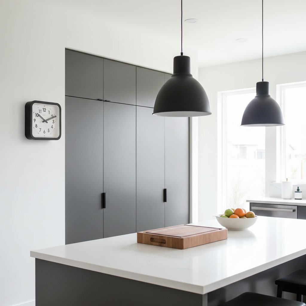 Big Railway Black Square Kitchen Wall Clock in a modern kitchen with Dutch Design, Functional Design, and minimalist decor.