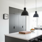 Big Railway Black Square Kitchen Wall Clock in a modern kitchen with Dutch Design, Functional Design, and minimalist decor.
