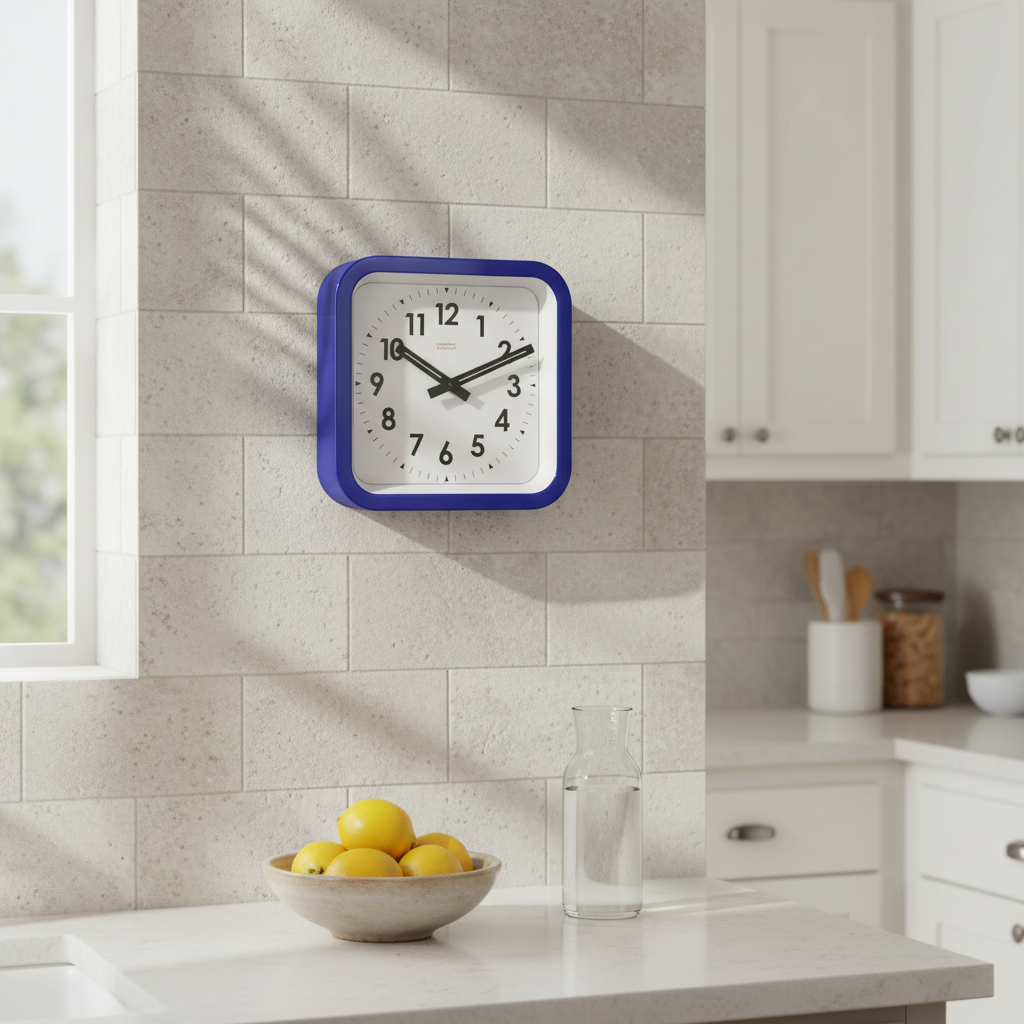 Big Railway Blue Square Kitchen Wall Clock mounted on kitchen wall with Dutch Design and Functional Design style.