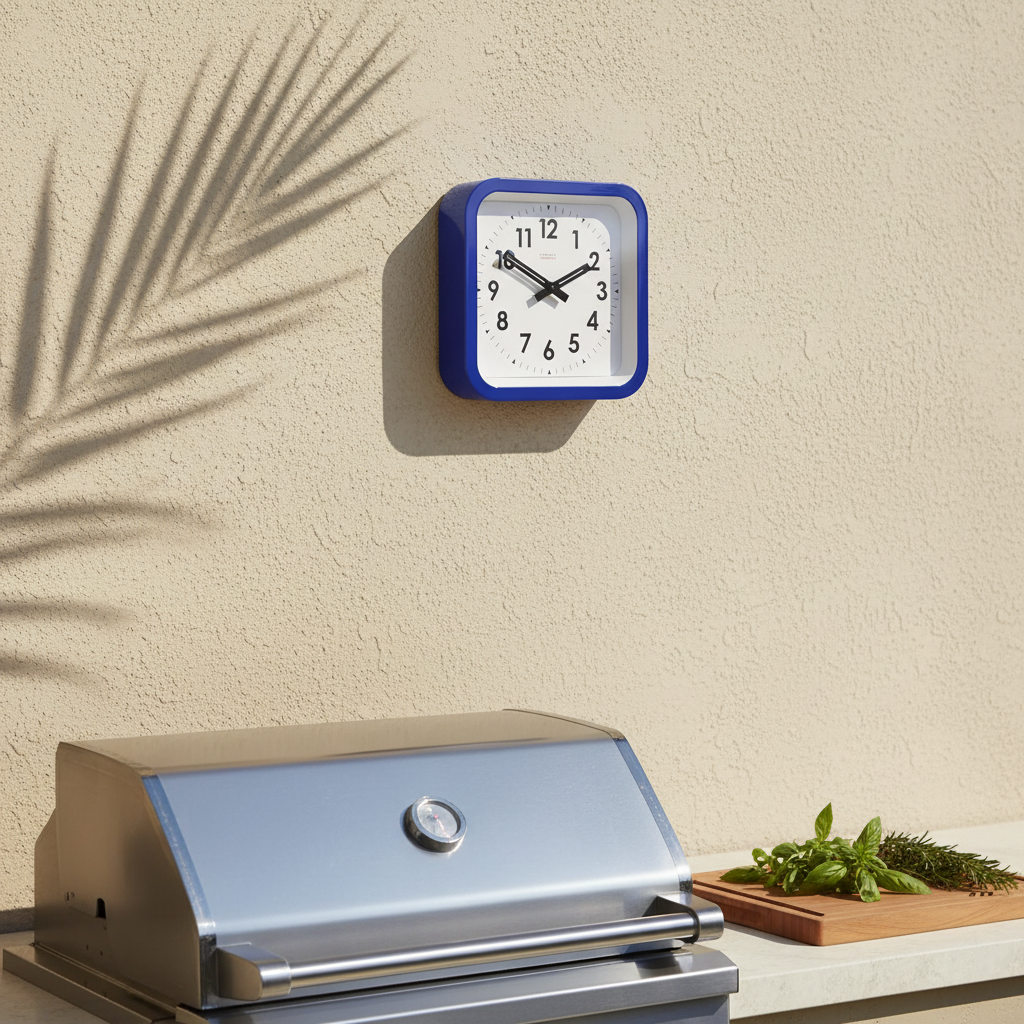 Big Railway Blue Square Kitchen Wall Clock on beige wall with shadow, Dutch Design, Functional Design in outdoor kitchen setting