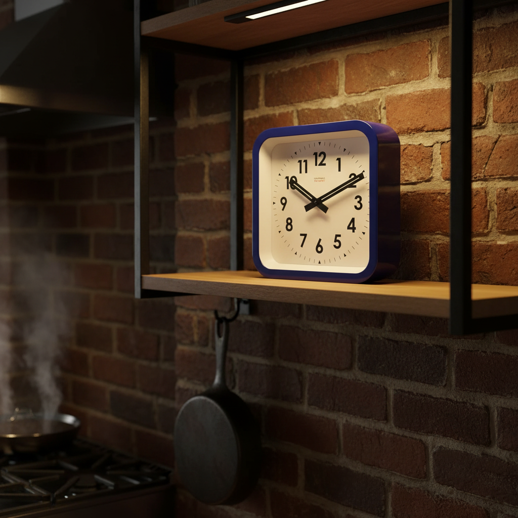 Big Railway Blue Square Kitchen Wall Clock on kitchen shelf with brick wall, Dutch Design, Functional Design, modern kitchen clock.