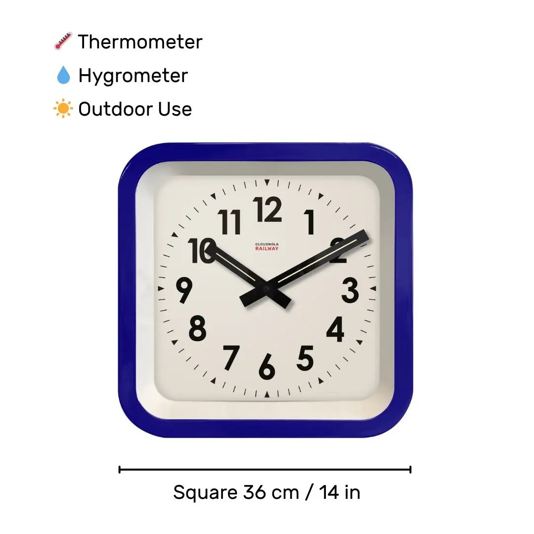 Big Railway Blue Square Indoor / Outdoor Clock Cloudnola