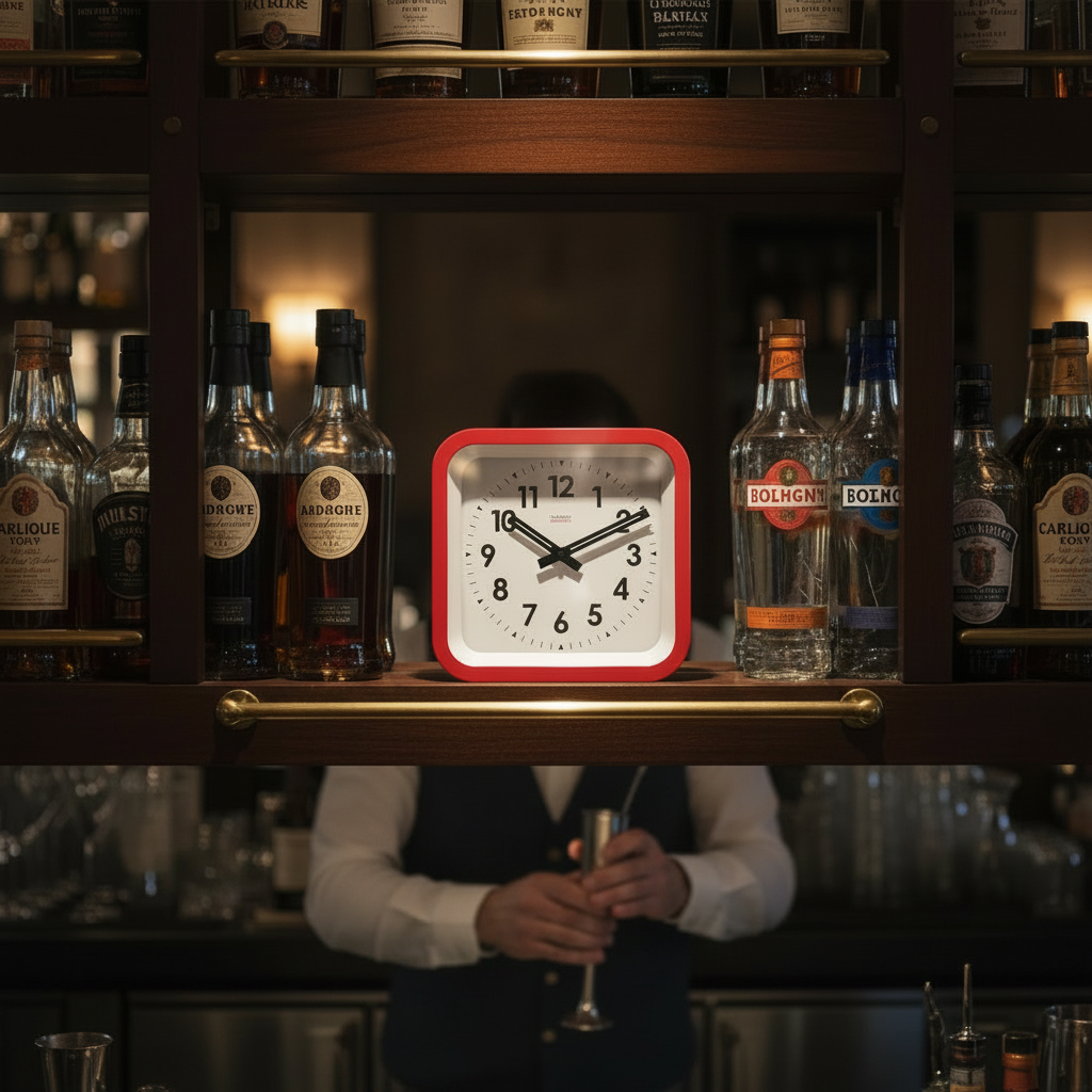 Big Railway Red Square Kitchen Wall Clock with Dutch Design and functional design in a cozy bar setting with bottles.