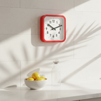 Big Railway Red Square Kitchen Wall Clock with Dutch Design and Functional Design in a bright, minimalist kitchen setting