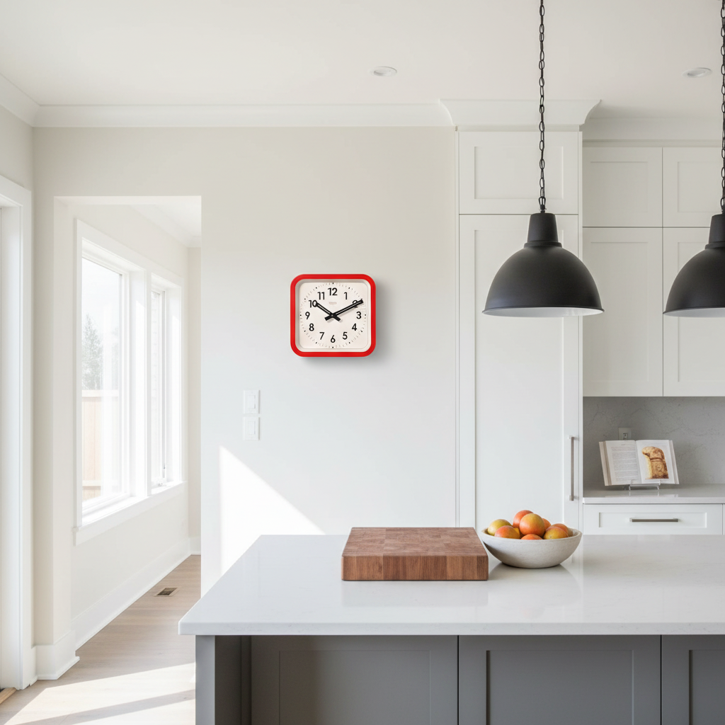 Big Railway Red Square Kitchen Wall Clock in minimalist kitchen with Dutch Design and Functional Design style.