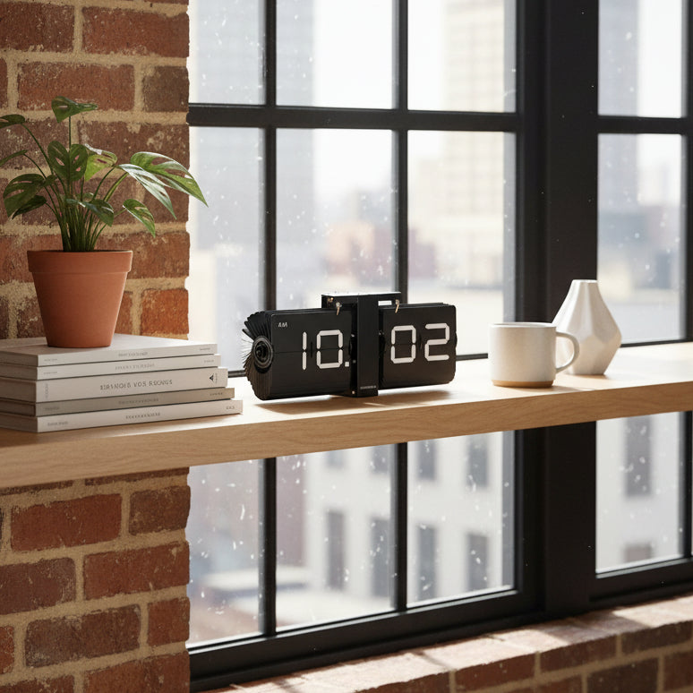 Black digital flip clock on a white background