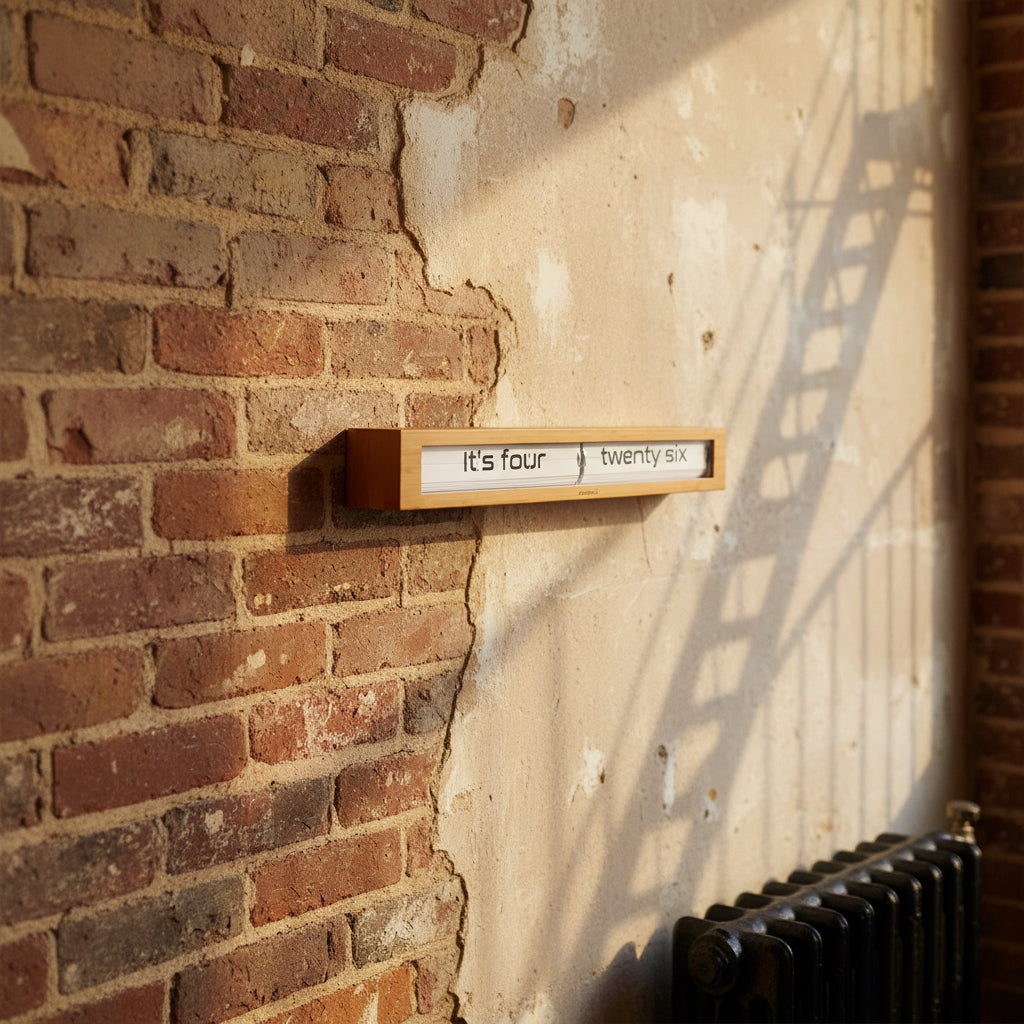 Preorder - Texttime 2.0 Bamboo Text Flip Clock mounted on rustic wall with Dutch Design and Functional Design style