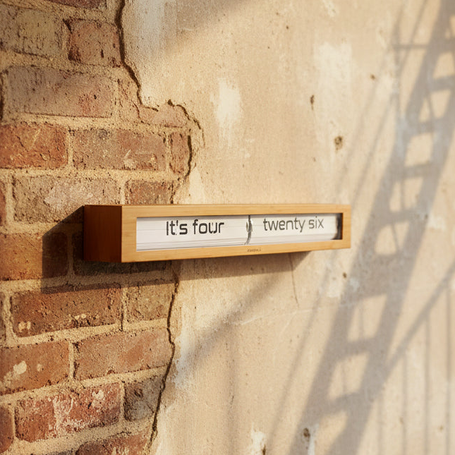 Preorder - Texttime 2.0 Bamboo Text Flip Clock with Dutch Design and Functional Design mounted on textured wall.