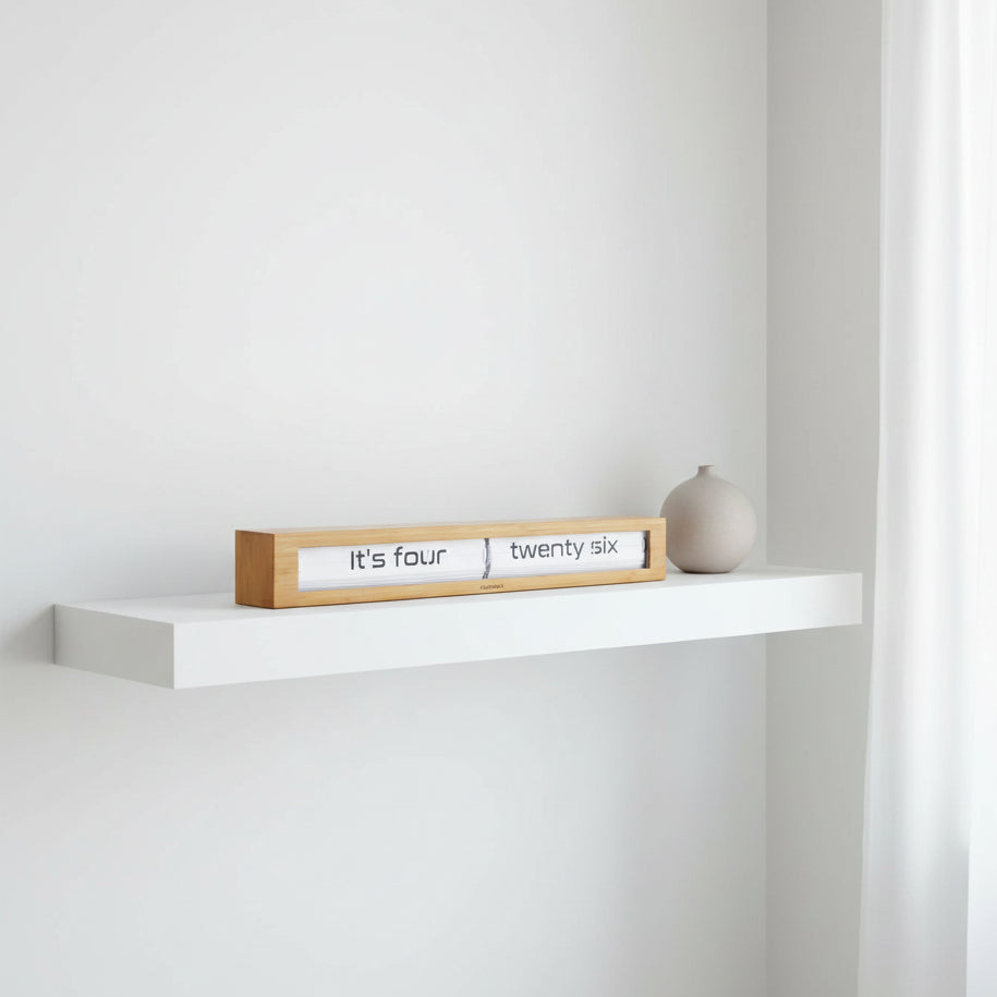 Preorder - Texttime 2.0 Bamboo Text Flip Clock on white shelf with minimalist decor, Dutch Design, Functional Design