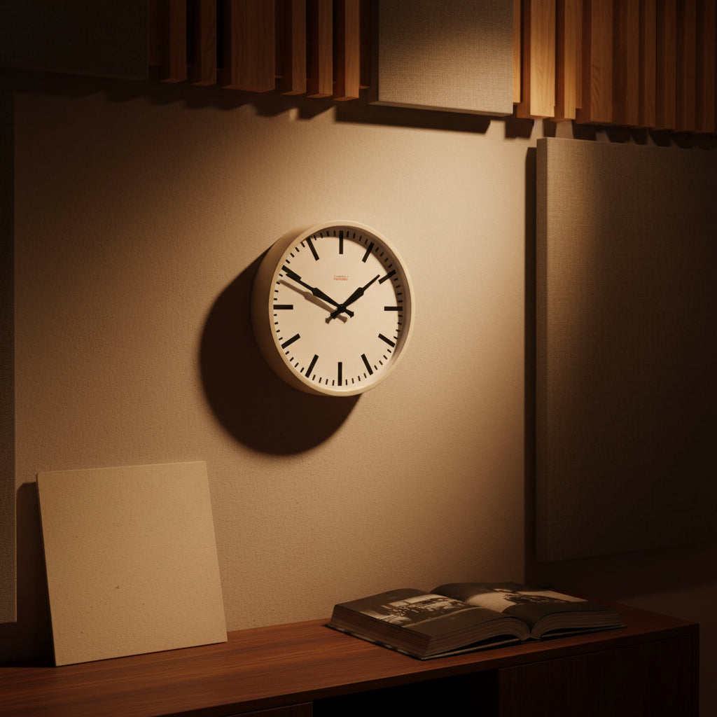 Factory White XL Clock mounted on wall in cozy room with minimalist home decor Dutch Design Functional Design