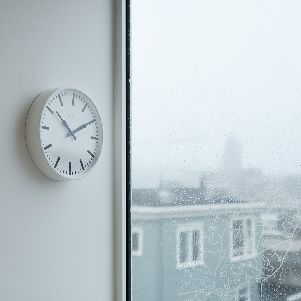 Factory White XL Clock minimalist wall clock in Dutch Design style with clean lines and functional design by the window on a rainy day
