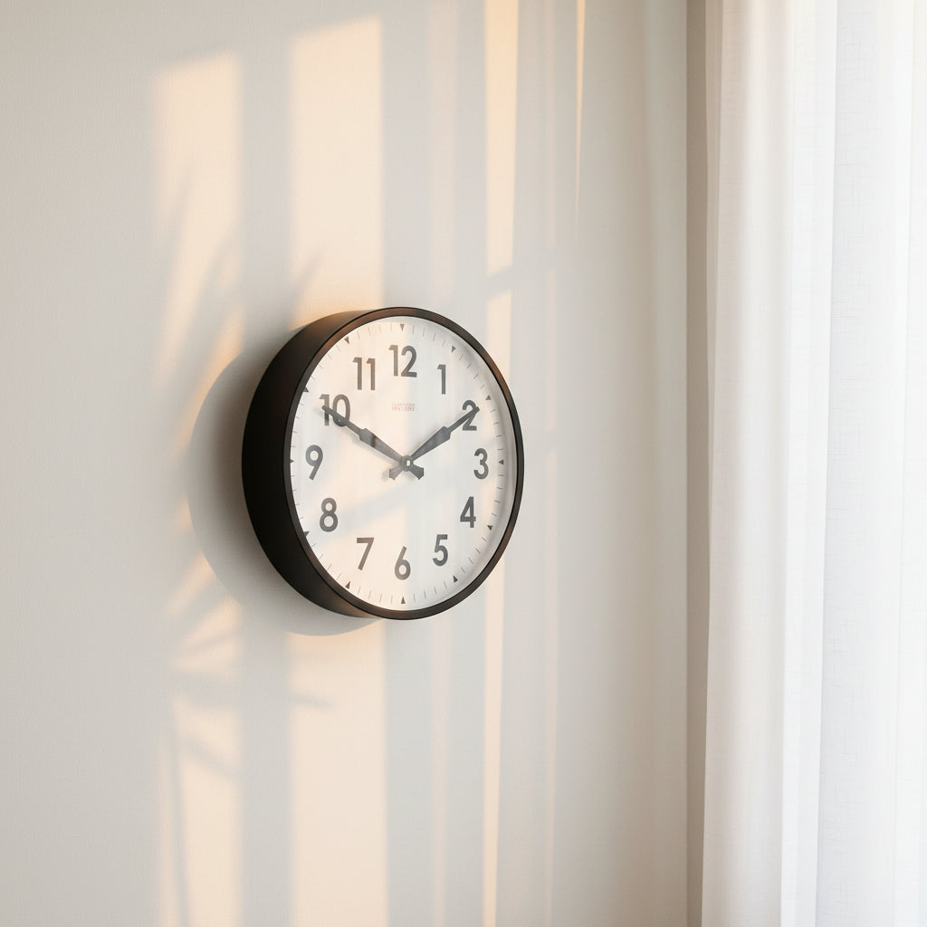 Factory Black XL Clock hanging on wall with natural light and shadows, Dutch Design, Functional Design, modern clocks.