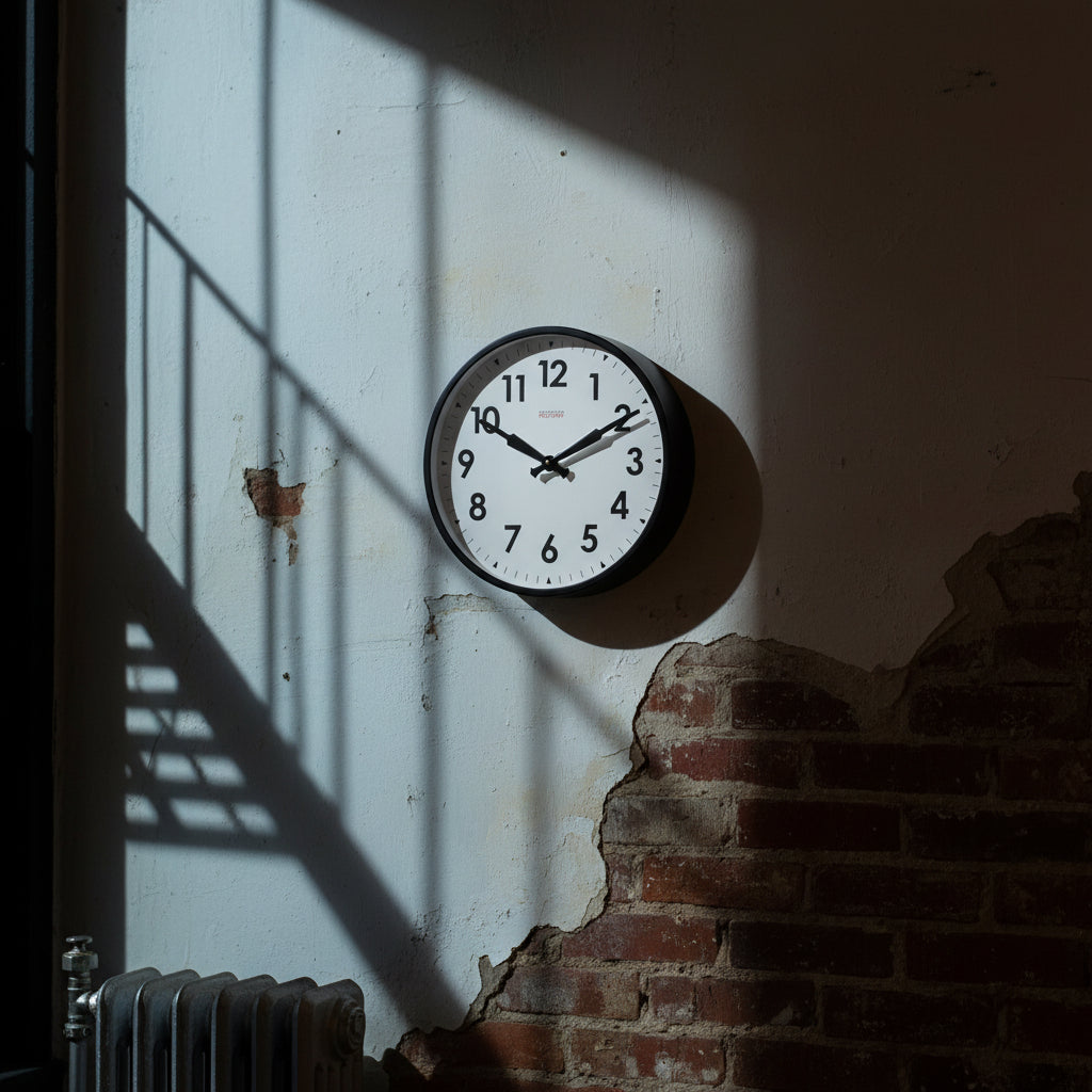 Factory Black XL Clock on a textured wall with sunlight and shadow highlights Dutch Design and Functional Design.