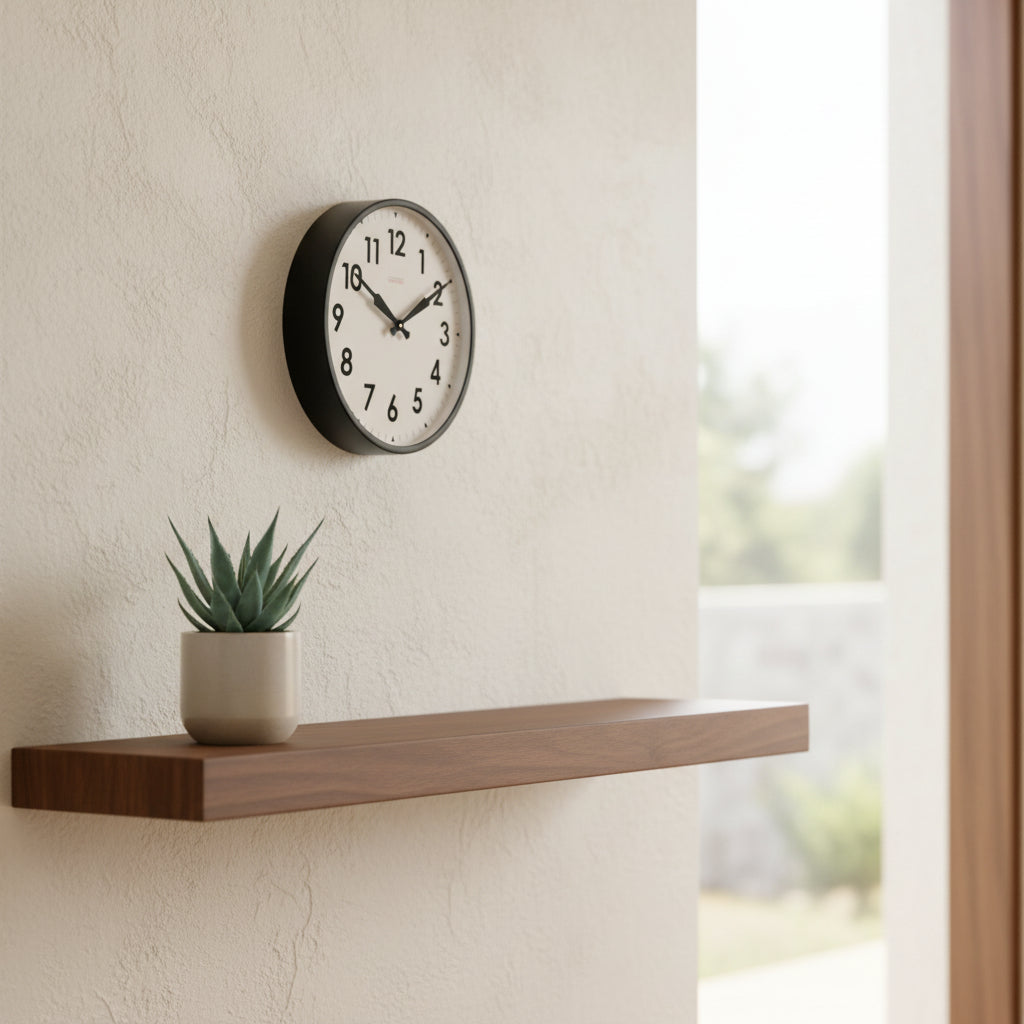 Factory Black XL Clock on textured wall above minimal wooden shelf with potted succulent, Dutch Design functional style