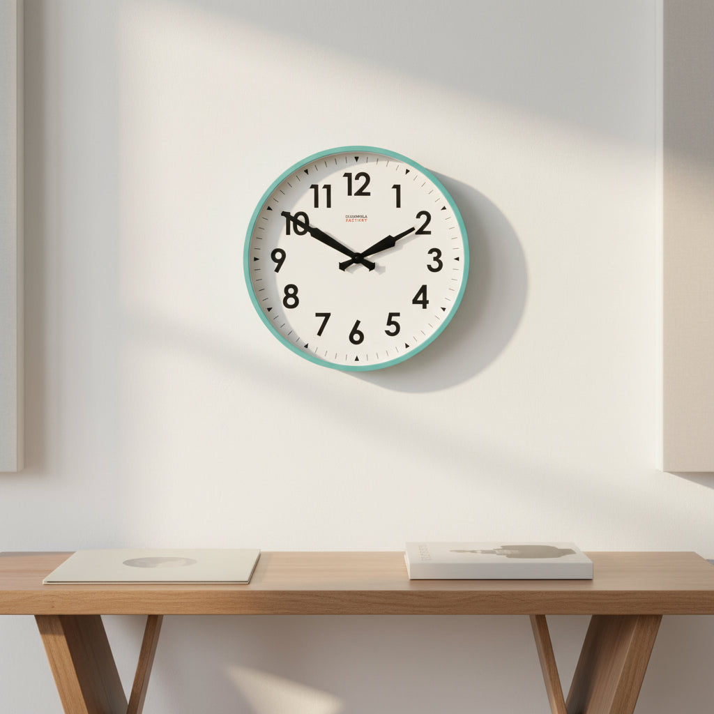 Factory Turquoise XL Clock hanging on white wall above wooden table, Dutch Design, Functional Design, modern clocks