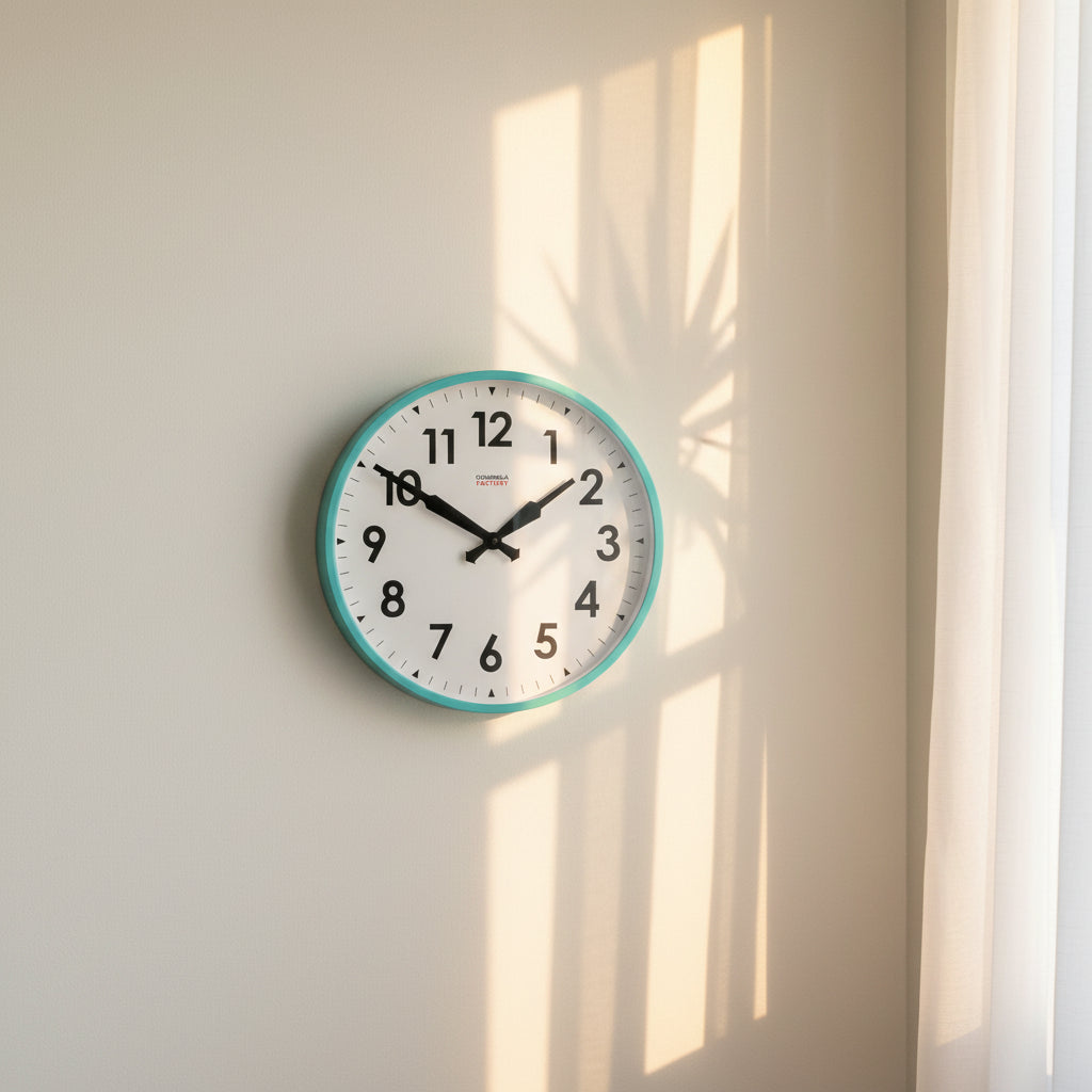 Factory Turquoise XL Clock on wall with sunlight shadows highlighting Dutch design and functional design aesthetic