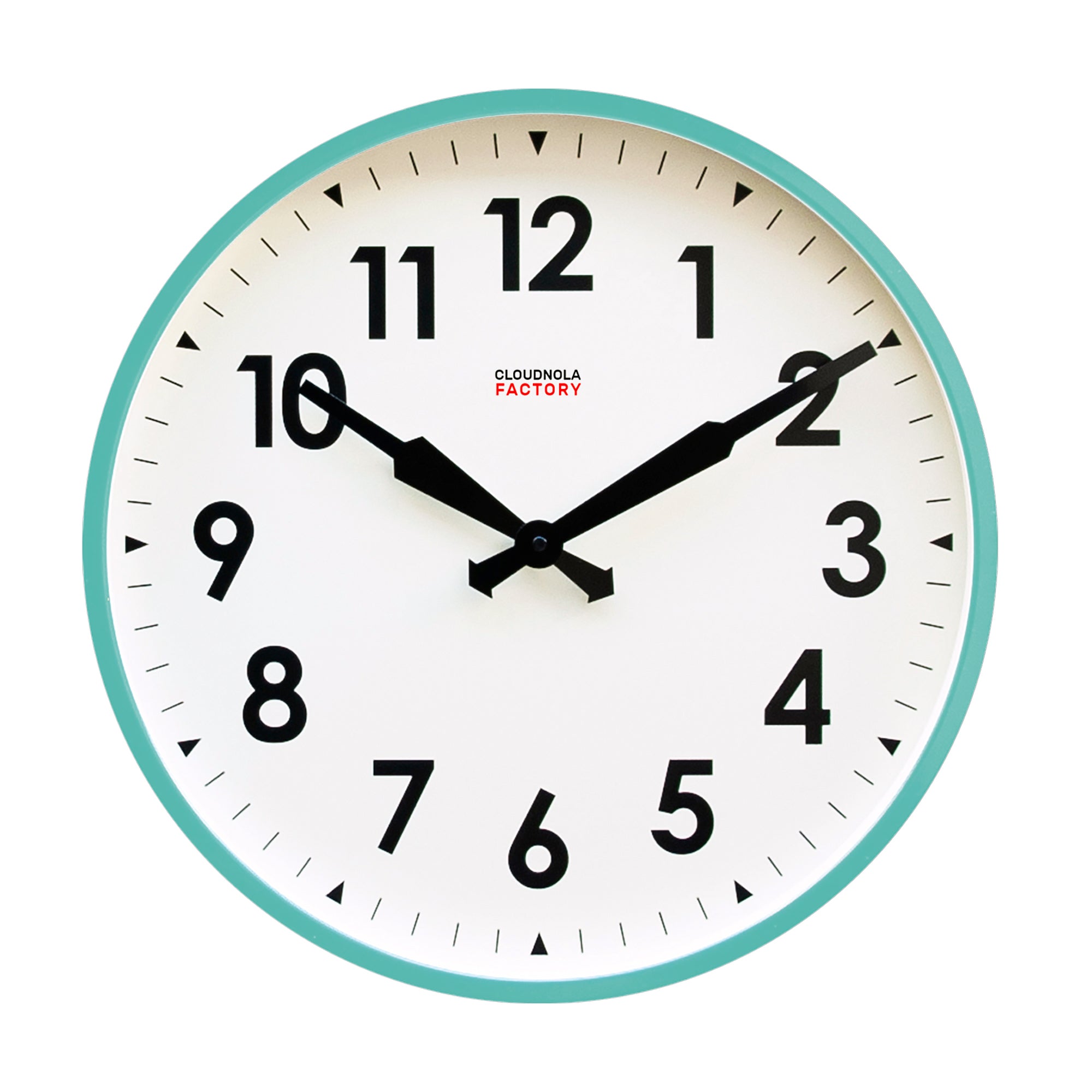 Factory Turquoise XL Clock with Dutch Design and Functional Design featuring bold black numbers and turquoise frame