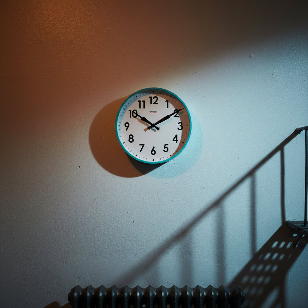 Factory Turquoise XL Clock wall-mounted with Dutch Design functional style casting soft shadow on textured wall
