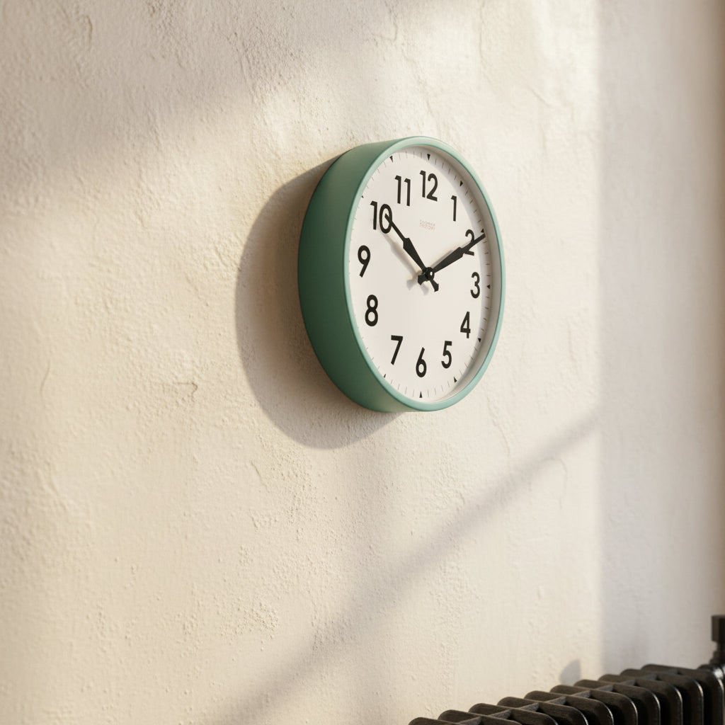 Factory Turquoise XL Clock mounted on wall, featuring Dutch Design and Functional Design with modern minimalist style.