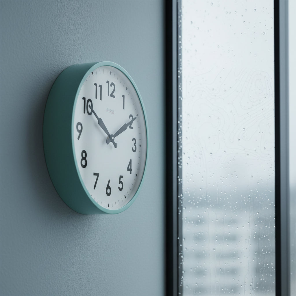 Factory Turquoise XL Clock on wall near window, showcasing Dutch Design and Functional Design in minimalist home decor style
