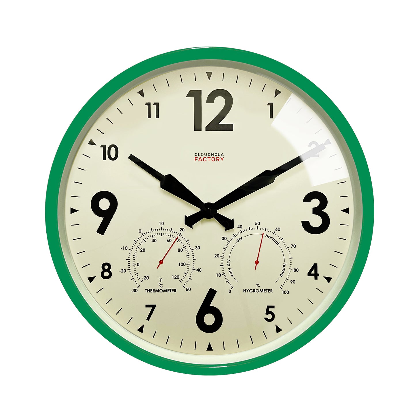 Factory Outdoor Green - Diameter 11.81 - Wall Clock - Weather-Ready Station with Hygrometer & Temperature