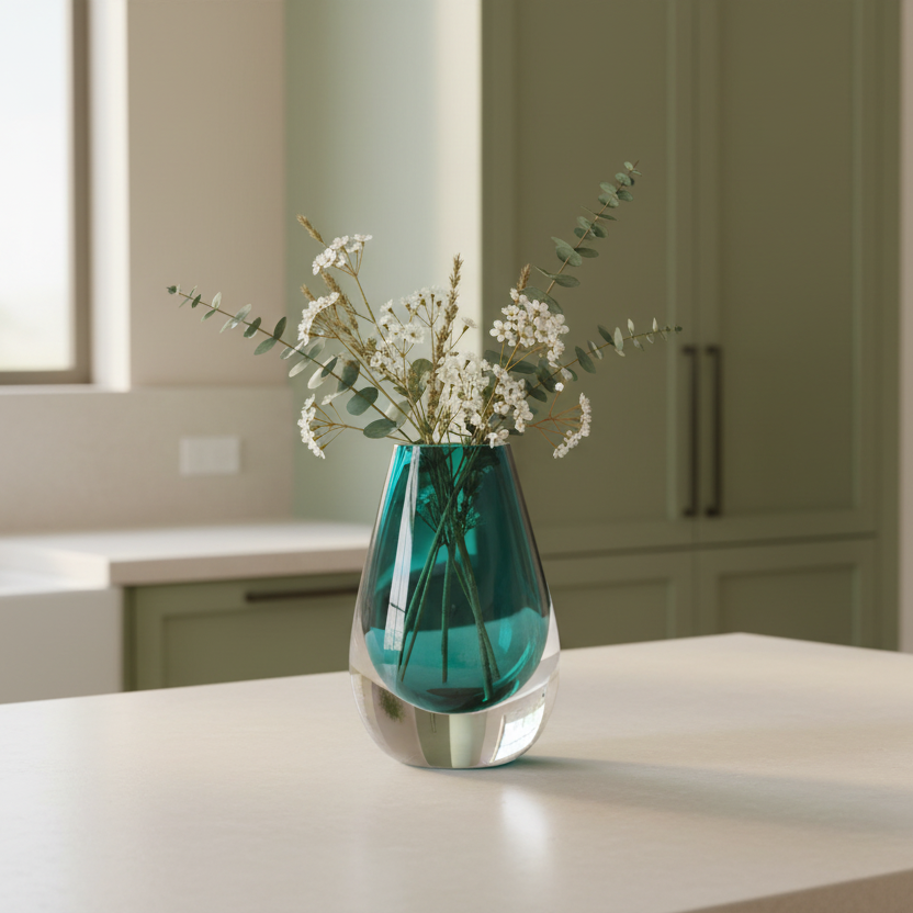 Drop Teardrop Glass Vase – Turquoise with delicate white flowers, showcasing Dutch Design and functional design in minimalist decor.