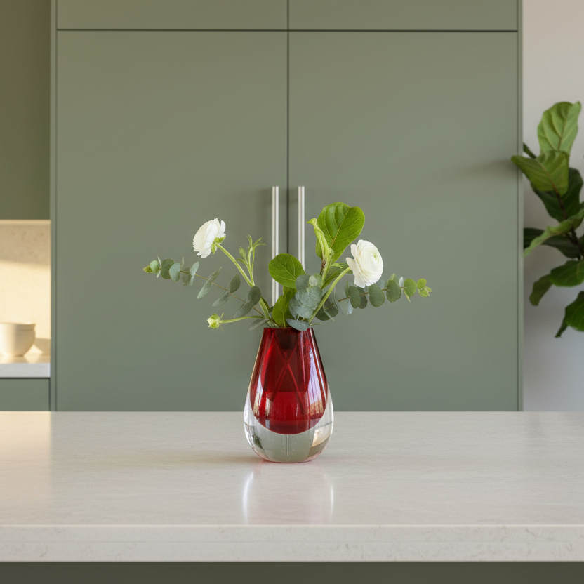 Drop Teardrop Glass Vase – Red with white flowers and greenery in minimalist kitchen featuring Dutch Design and Functional Design