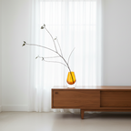 Drop Teardrop Glass Vase – Yellow with minimalist branches on wooden sideboard by sheer white curtains Dutch Design Functional Design