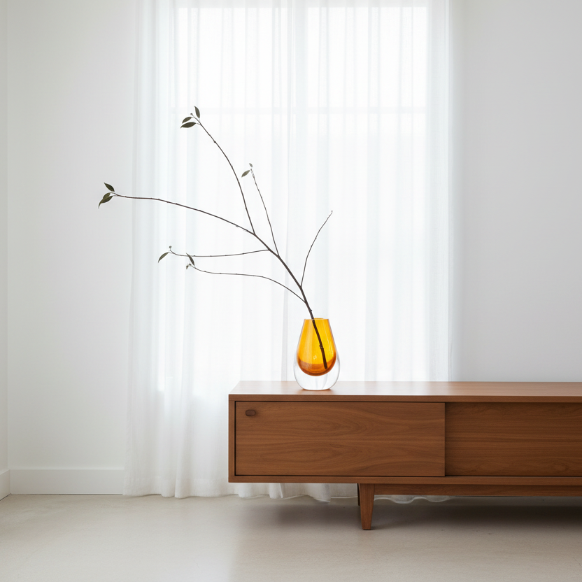 Drop Teardrop Glass Vase – Yellow with minimalist branches on wooden sideboard by sheer white curtains Dutch Design Functional Design