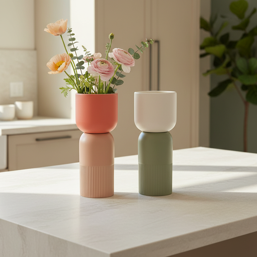 Fusion Flip Reversible Ceramic Vase Set – Small with modern pastel colors and elegant Dutch Design, showcasing functional design in minimal home decor.