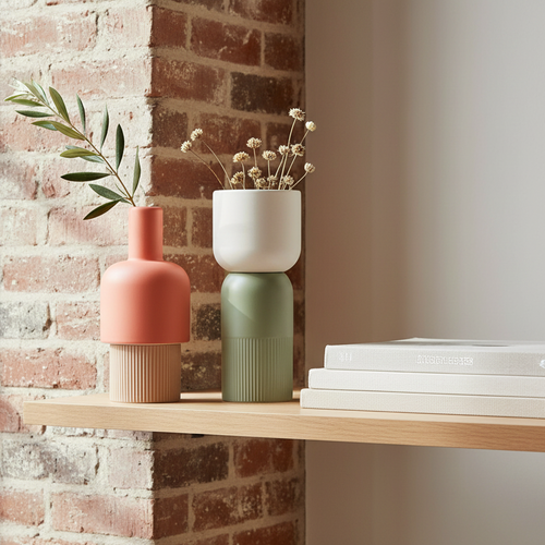 Two colorful vases on a wooden shelf against a brick wall.