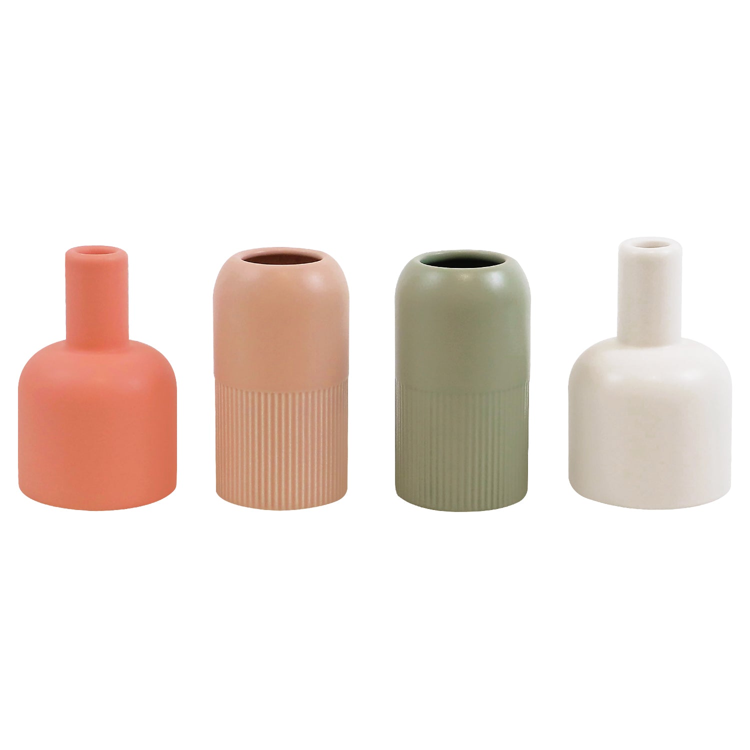 Four minimalist ceramic vases in muted tones showcasing the Fusion Flip Reversible Ceramic Vase Set – Small Dutch Design Functional Design